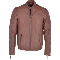 Men Slim Fit Tan Leather Racing Jacket