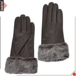 Women Faux Brown Tipped Tan Leather Gloves